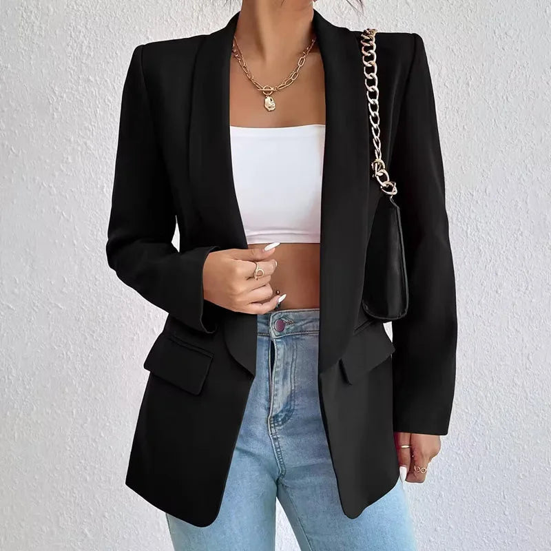 Women Elegant Casual Solid Blazer Vintage Formal Business Chic Suit Jackets Female Outerwear Long Sleeve Open Stitch Slim Coats-Dollar Bargains Online Shopping Australia