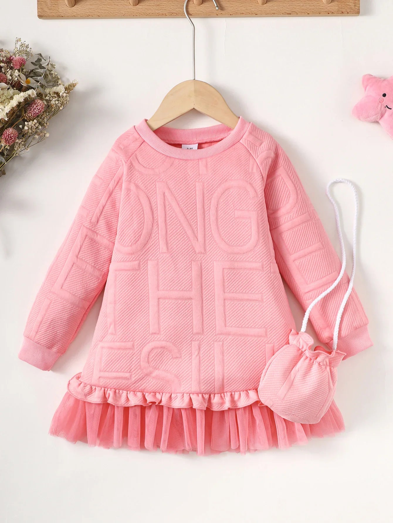 Children Girl Embossed Letter Long Skirt Winter Long Sleeve Dress with Satchel Princess Dress Birthday Party Outfit-Dollar Bargains Online Shopping Australia