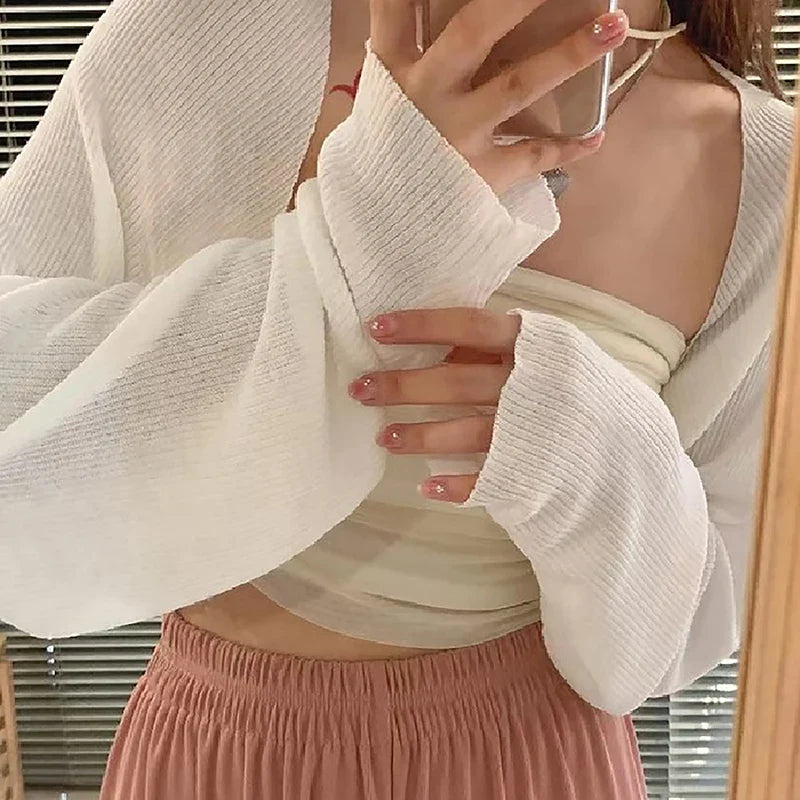 Summer Ice Silk Short Knitted Sunscreen Cardigan Women Solid Color Long Sleeve Thin Smock-Dollar Bargains Online Shopping Australia