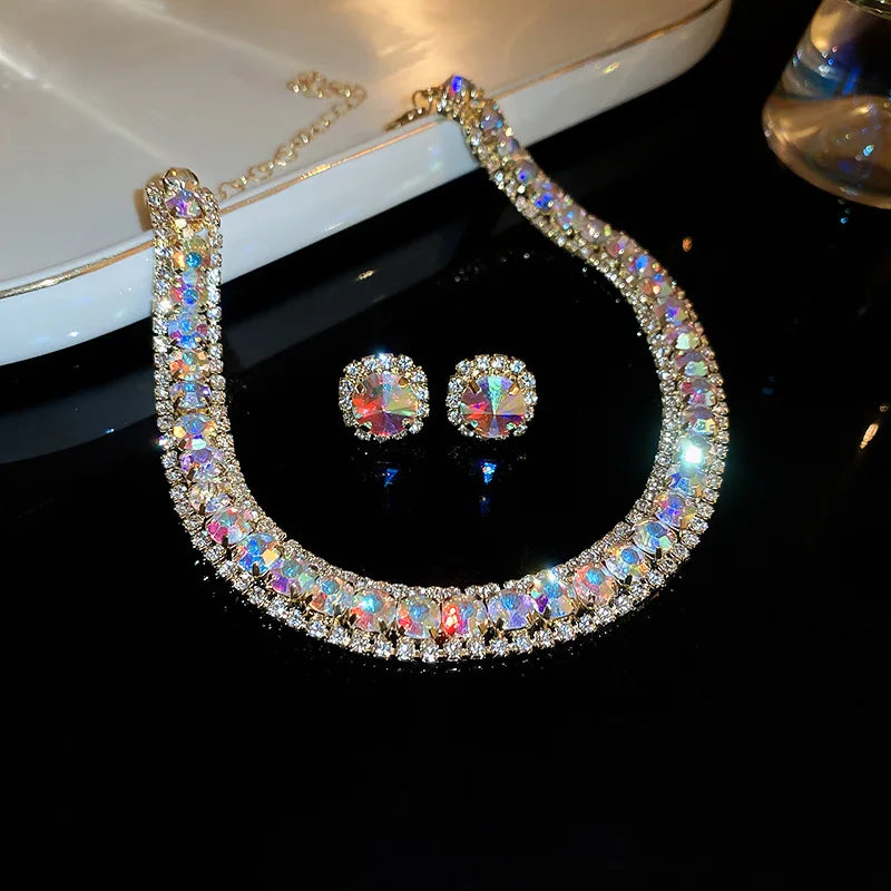 FYUAN Luxury Crystal Necklace Earrings Set Pink ABcolourful Necklace for Women Weddings Party Jewelry Sets Accessories-Dollar Bargains Online Shopping Australia
