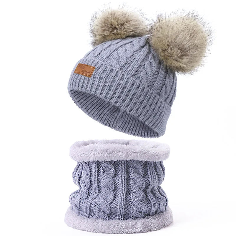 Warm Winter Baby Hats with Scarves for Kids Wool Pompom Baby Hat Children Bonnet Cap Boys Girls Knitted Scarf Gloves Beanie Caps-Dollar Bargains Online Shopping Australia
