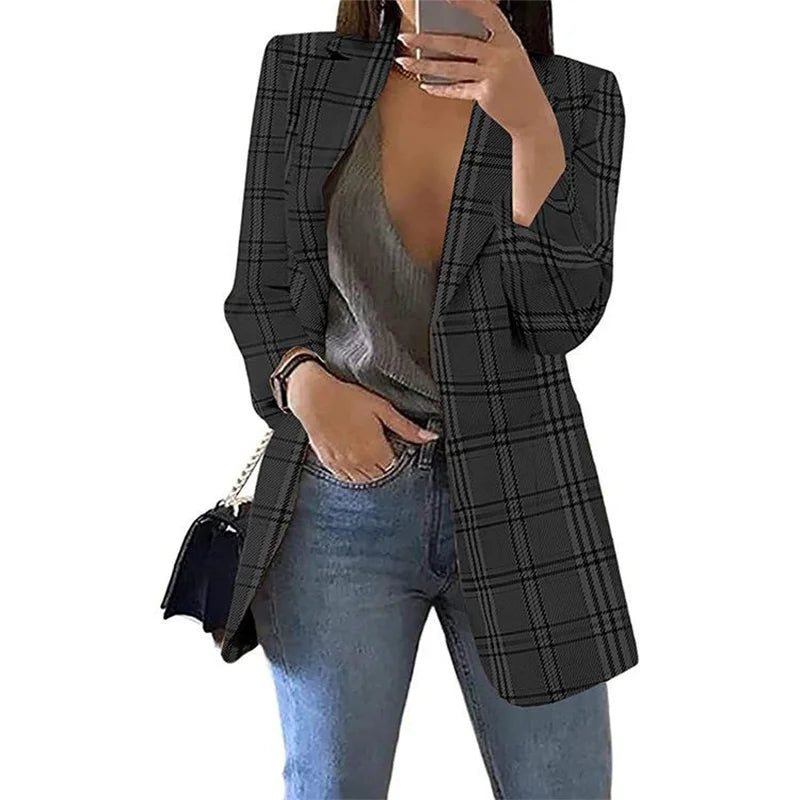 Autumn/Winter Fashion Women's Cardigan Collar Plaid Slim Fit Suit Coat