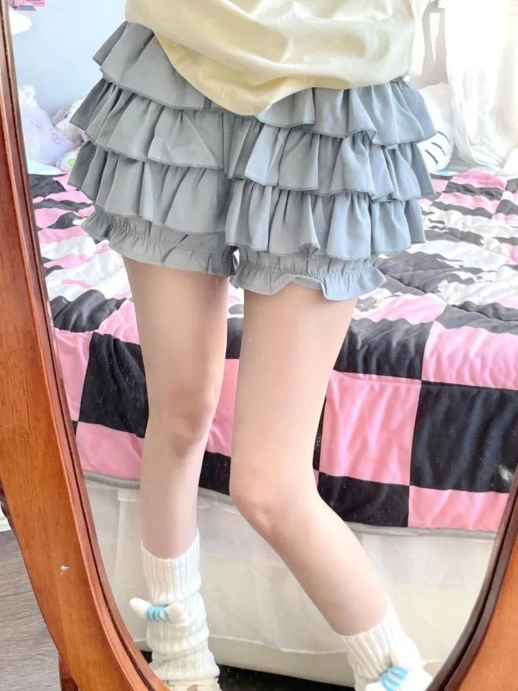 Kawaii Lolita Skirt Women Ruffle Layered High Waist Cutecore Mini Skirt Shorts Harajuku Japanese Style Soft Girl