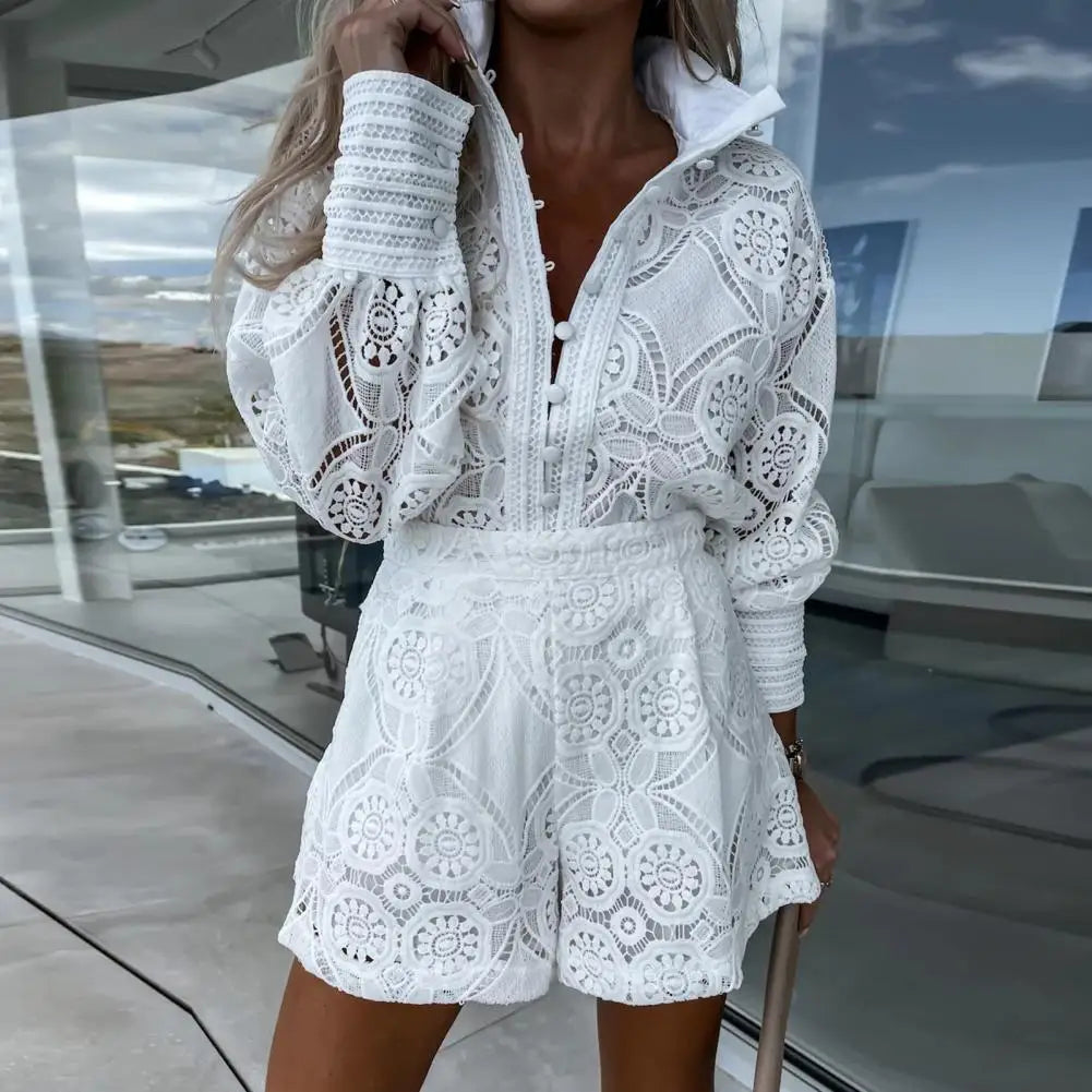 Foridol Vintage Single Breasted White Lace Women Shorts Sets Spring Long Sleeve Casual Party 2 Pcs Outfits Femme Suit Summer-Dollar Bargains Online Shopping Australia