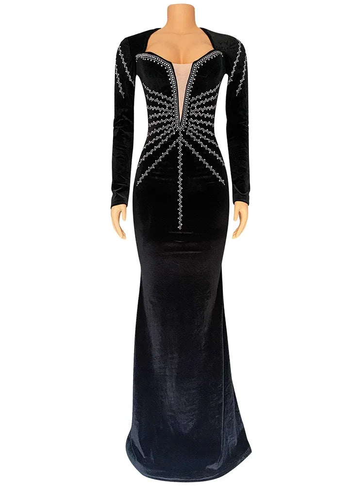 Elegant Diamonds Velvet Long Party Dress for Women Sexy Deep V Evening Gown Formal Black Slim Dress Robe-Dollar Bargains Online Shopping Australia