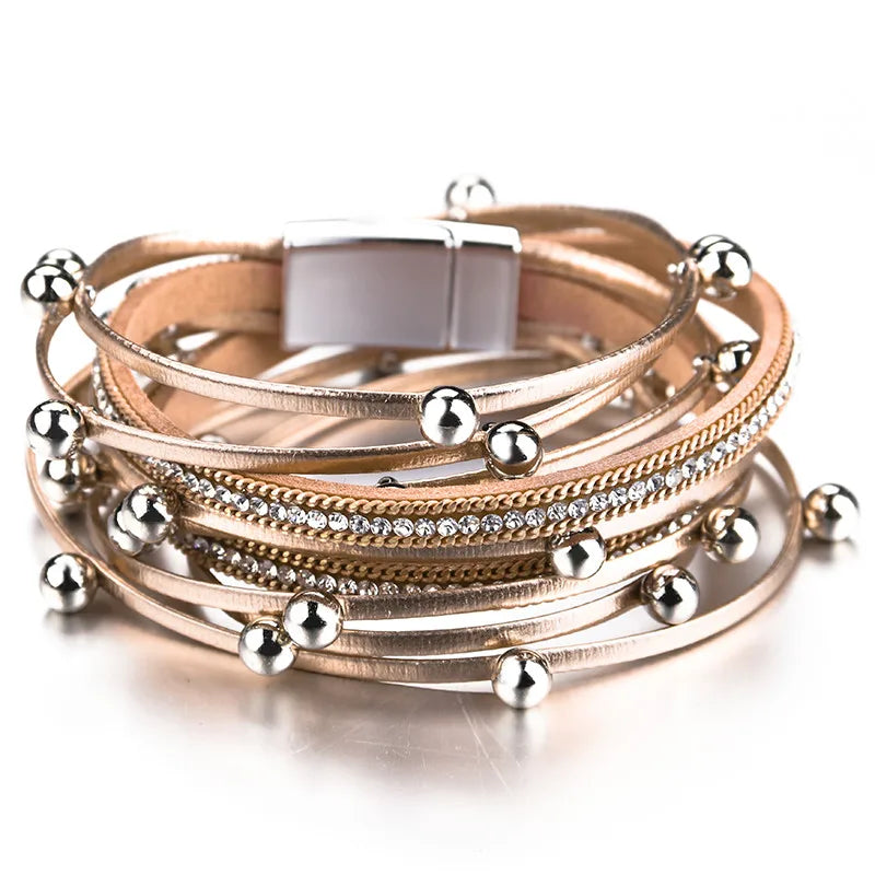 Metal Beads Charm Leather Bracelets for Women Fashion Crystal Chain Bohemian Multilayer Wrap Bracelet Female Jewelry-Dollar Bargains Online Shopping Australia