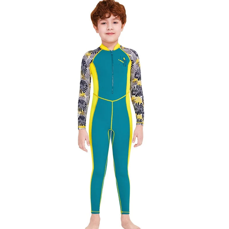 One-Piece Children Swimsuits Kid Swimwear Boys Long Sleeve Sun Protection (including swimming caps)