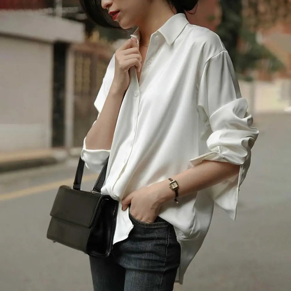 Women Shirt Formal Business Blouse Shirt Vintage Satin Silky Loose Long Sleeve Lapel-Dollar Bargains Online Shopping Australia