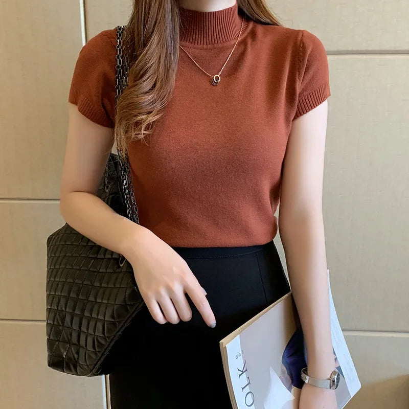 Short Sleeve Knitted Top Solid Slim Turtleneck White Blouse