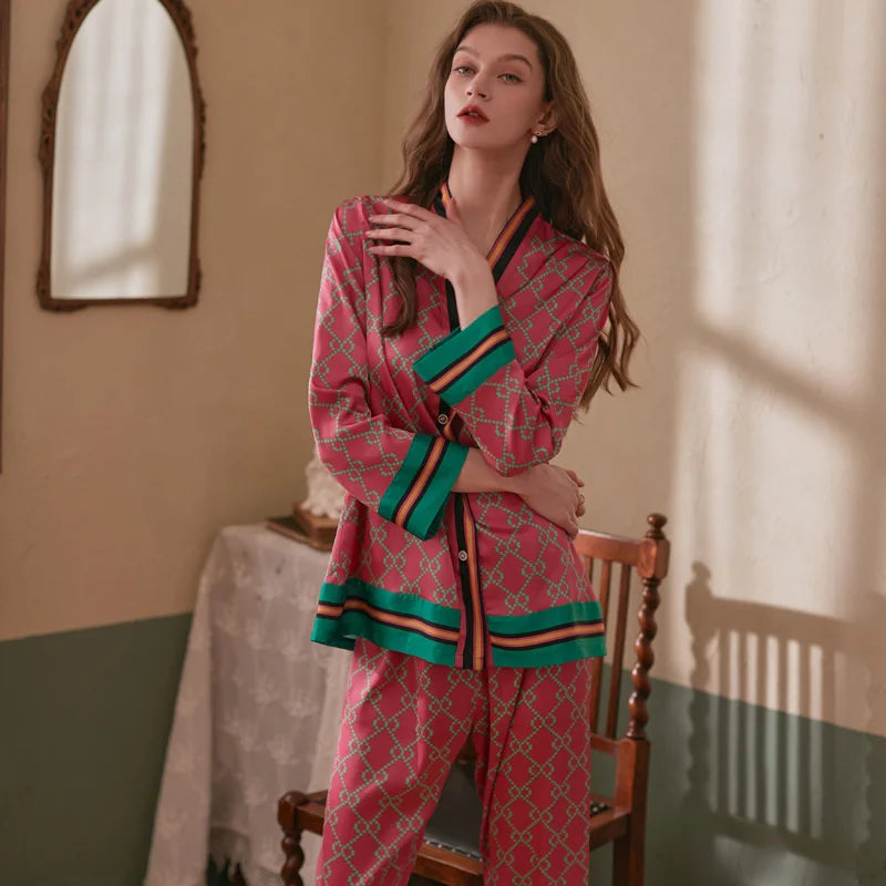 Long Sleeved Women Pajamas Set Ice Silk Printed Fashion Pyjamas-Dollar Bargains Online Shopping Australia