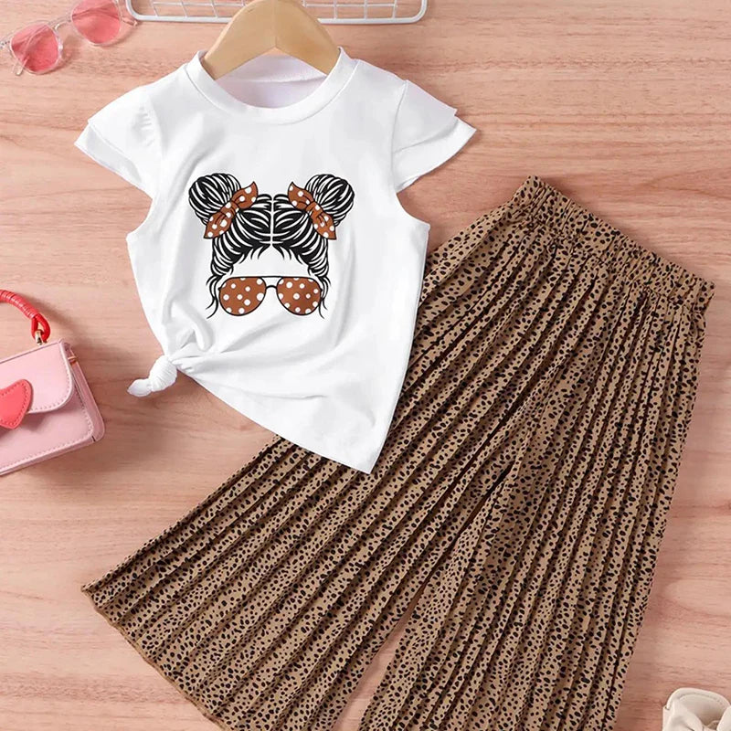 Girls Clothing Sets New Cotton Fashion Short Sleeved + Wide Leg Pants Casual Two Piece Set Kids Clothes-Dollar Bargains Online Shopping Australia
