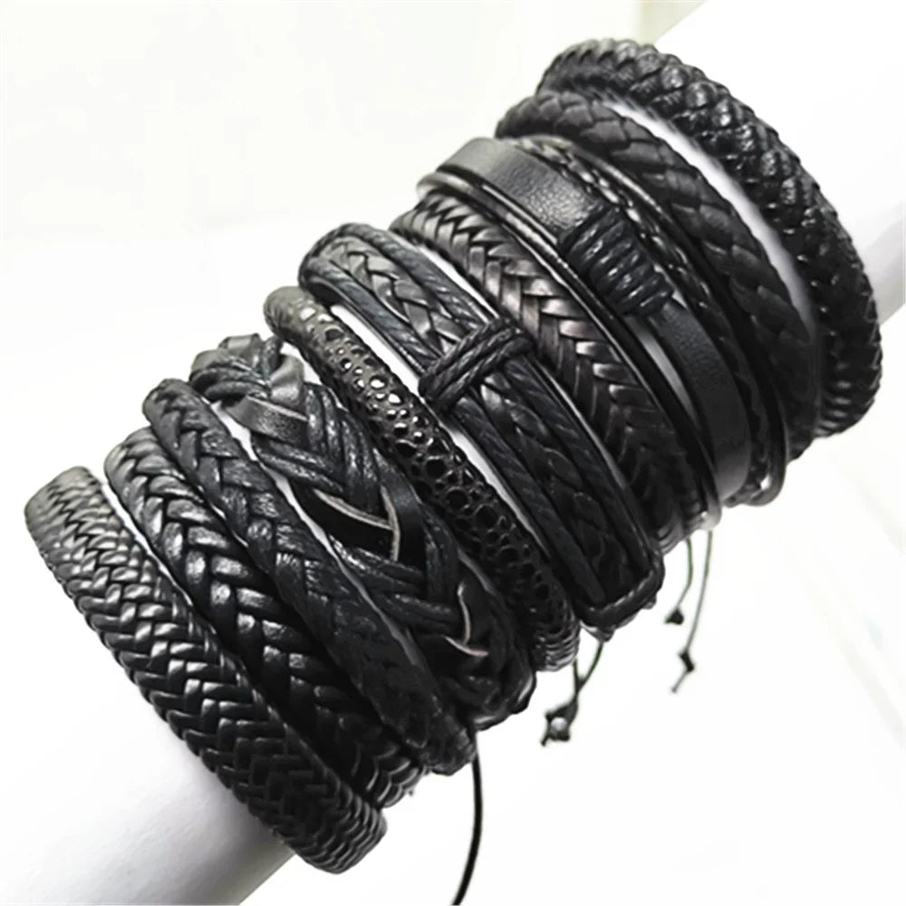 10 Pcs/set Black Wrap Woven New Fashion Handmade Men Bracelets Male Women Leather Bracelets Men Bangle