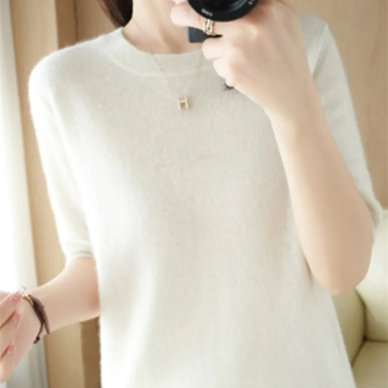 Spring and Summer New Short-sleeved Women O-neck Slim Wool Cotton Blend Pullover Vest T-shirt Knitted Base Sweater-Dollar Bargains Online Shopping Australia