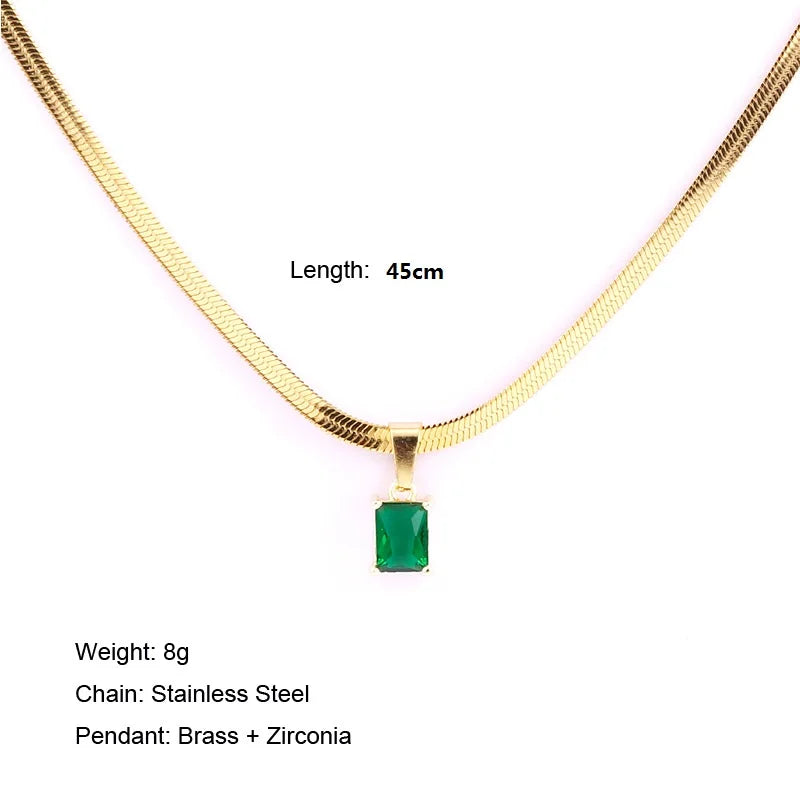 Vintage Rust Steel Zircon Necklace Flat Snake Bone Chain Blade Chain Square Emerald Pendant Necklace Women-Dollar Bargains Online Shopping Australia