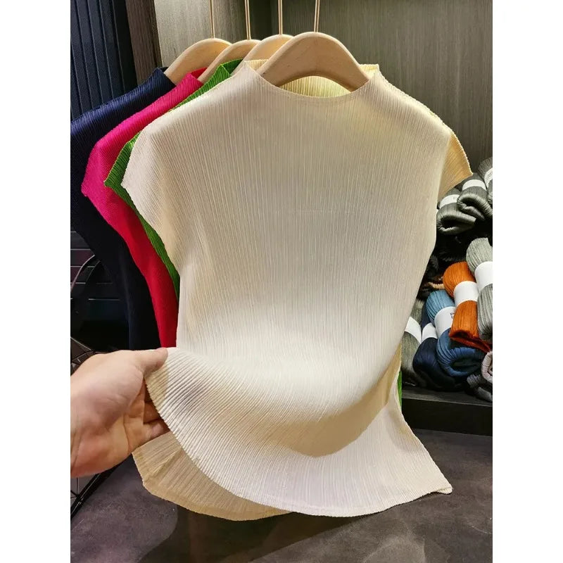 Versatile Classic Simple Solid Color Stand Up Collar Pleated Top Women Slim Slim Short Sleeve Miyake T-shirt Summer-Dollar Bargains Online Shopping Australia