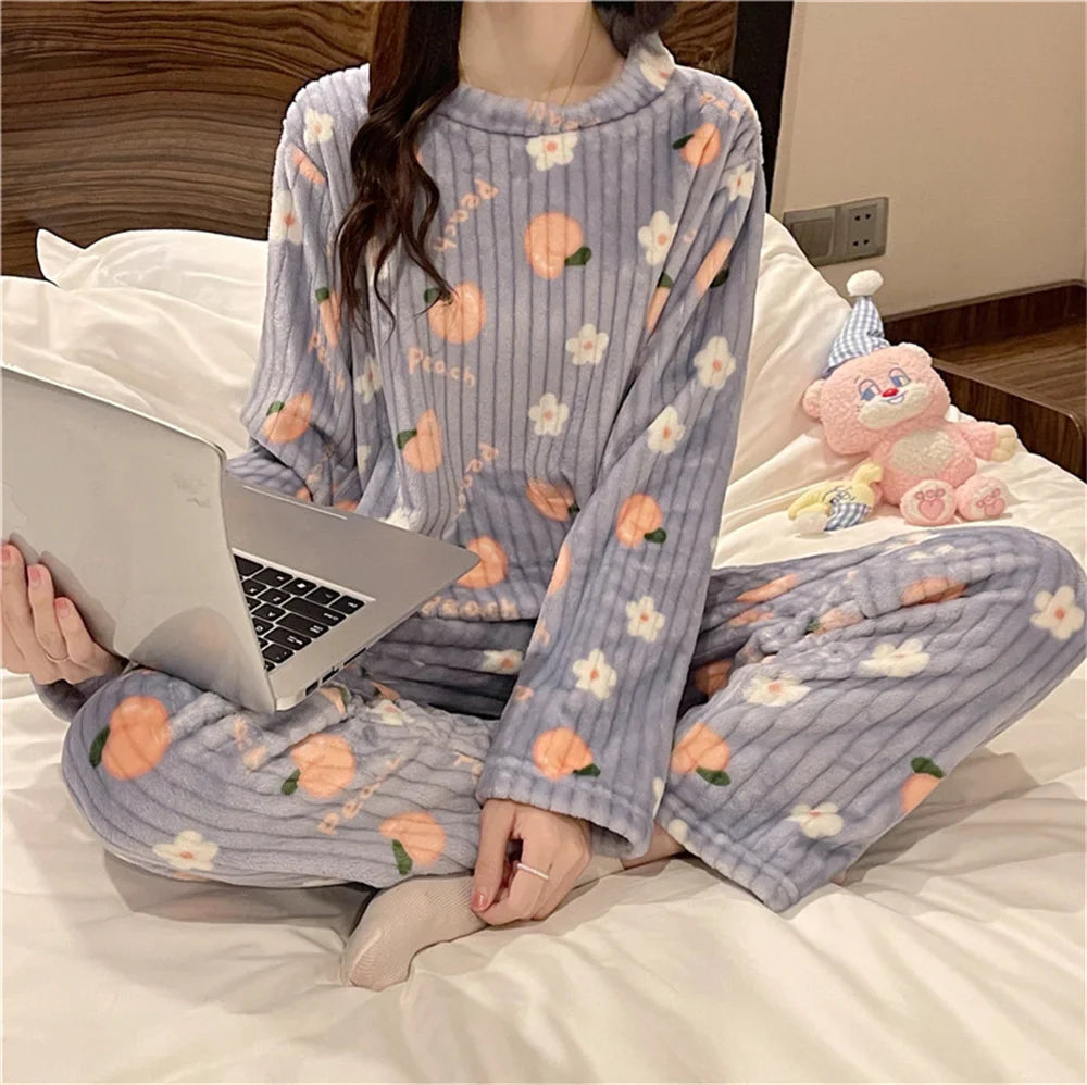 Winter Warm Flannel Fleecing Women Pyjamas Sets Thick Coral Velvet Long Sleeve Cartoon Sleepwear 2pcs Flannel Pajamas Set-Dollar Bargains Online Shopping Australia