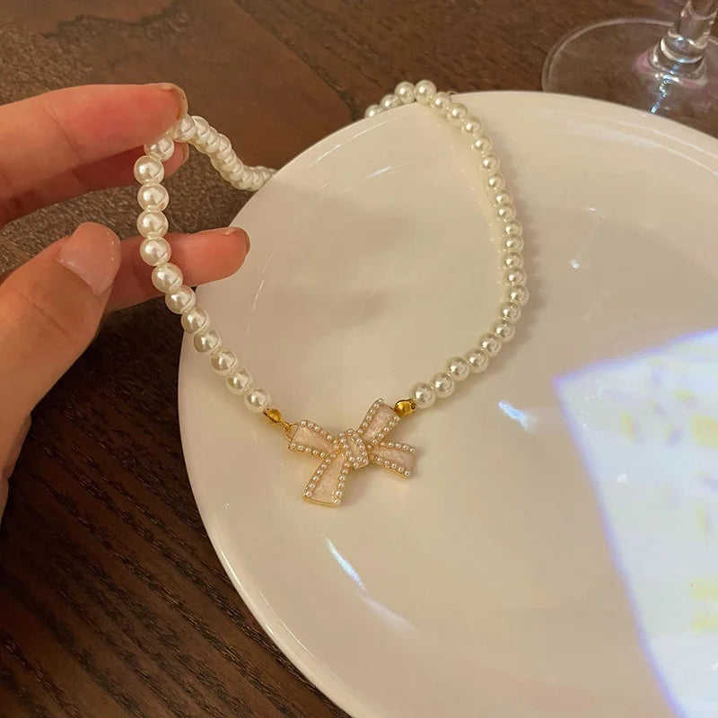 Wedding Party Pearl Bow Pendant Choker Necklace For Women Elegant White Imitation Pearl Chain-Dollar Bargains Online Shopping Australia