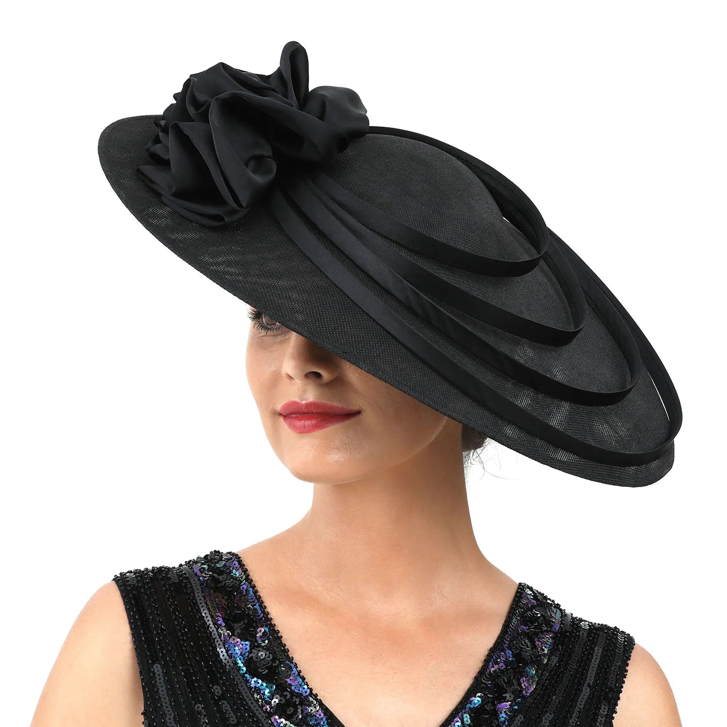 Black Large Flower Fascinator Sinamay Church Hat Kentucky Derby Hat Wedding Luxury Headband Hat Cocktail Tea Party for Women-Dollar Bargains Online Shopping Australia