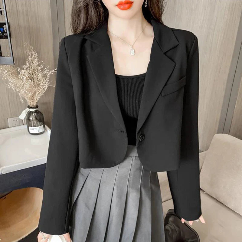 Cropped Blazers Women Solid Color Simple Single-button Outwear Teens All-match Long Sleeve Office Suit Jacket-Dollar Bargains Online Shopping Australia