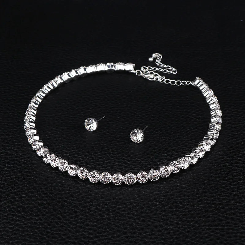 Luxury Round Crystal Jewelry Set for Women Charm Silver Color Bracelet Stud Earring Zircon Chain Necklace Wedding Party Jewelry