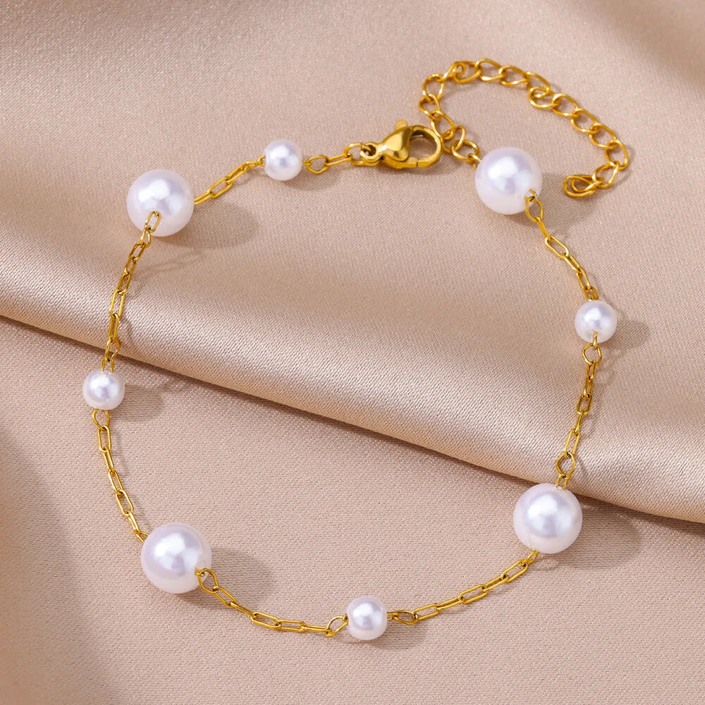 Anklets for Women Summer Beach Accessories Stainless Steel Imitation Pearl Chain Anklet Gold Color Leg Bracelets Bodychain Gifts-Dollar Bargains Online Shopping Australia
