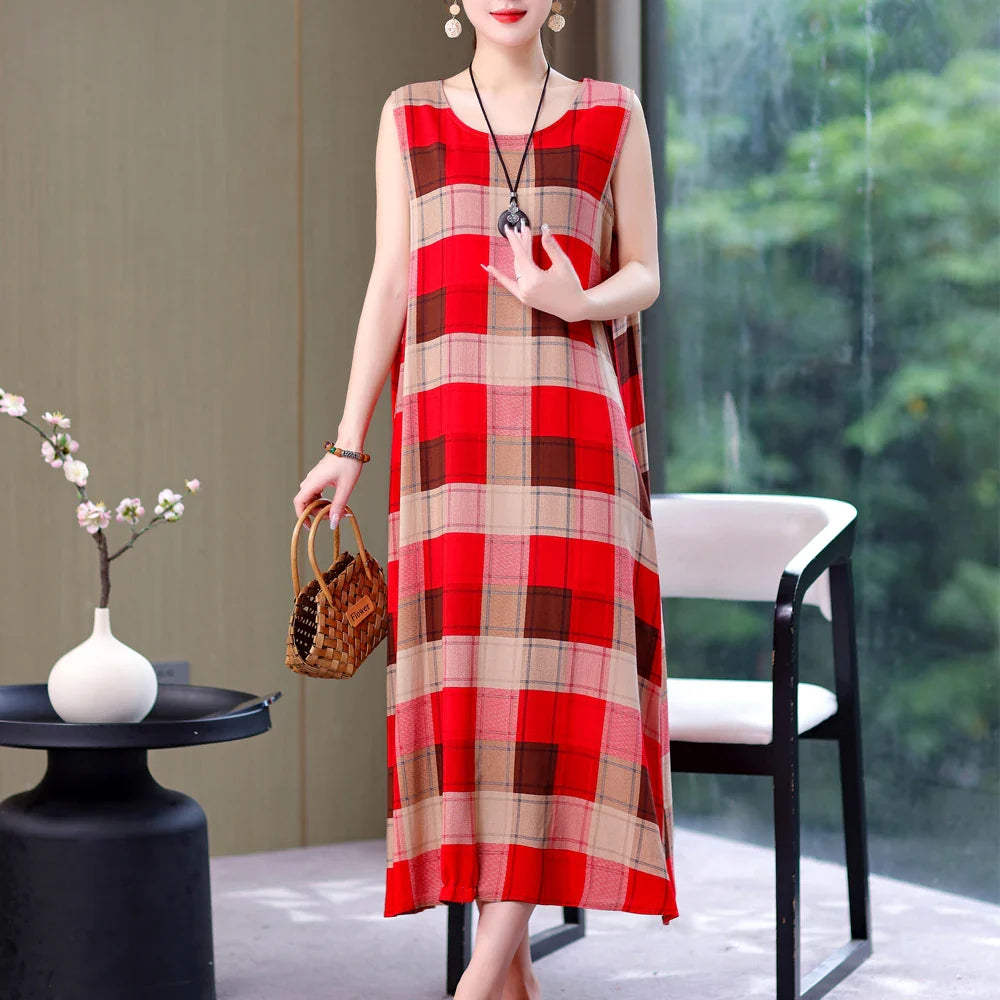 Vintage Summer Dress Vestido Print Natural Regular Sleeveless O-neck Cotton Dresses Women Clothing Plus Size-Dollar Bargains Online Shopping Australia