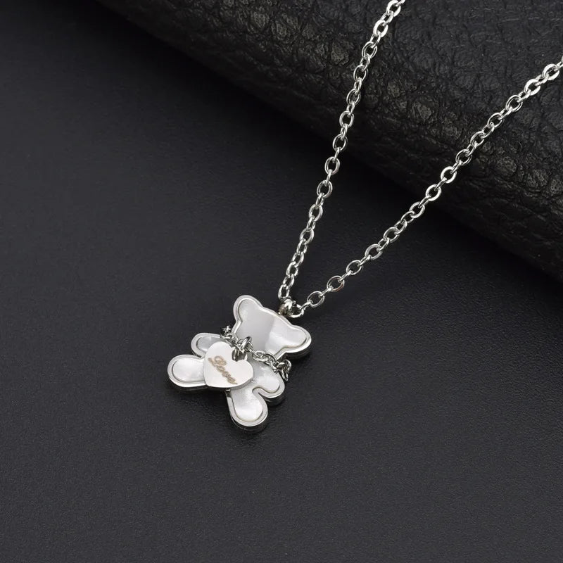 White Shell Cute Little Bear Peach Heart Stainless Steel Jewelry Set Necklace Earrings Bracelet or women-Dollar Bargains Online Shopping Australia