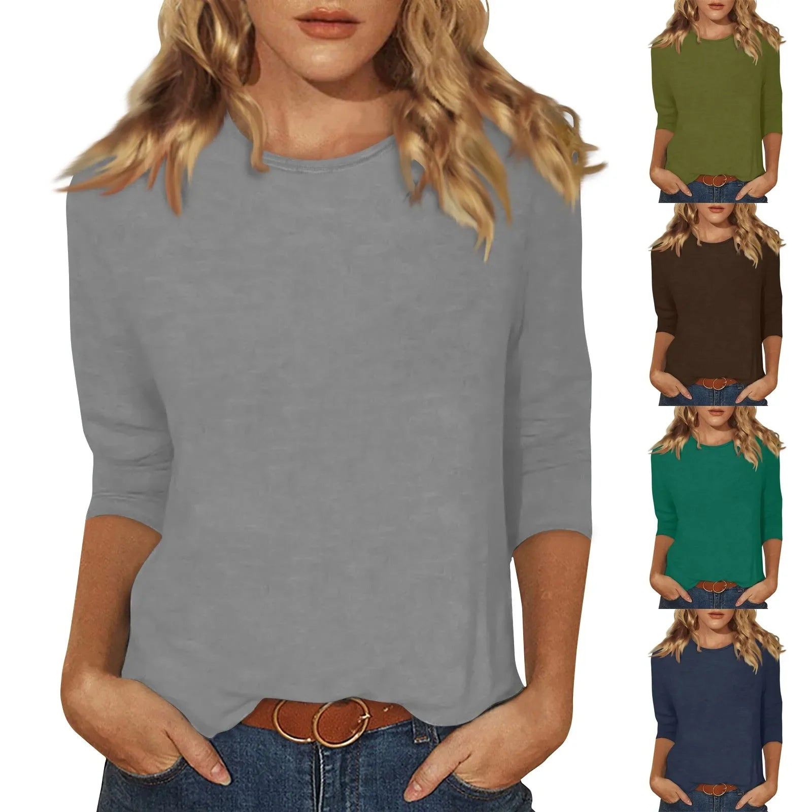 Women's Tops 3/4 Sleeve Summer Ethnic Solid Color O-Neck Slim Crewneck Slim Fit Tshirts Spring Blouse-Dollar Bargains Online Shopping Australia