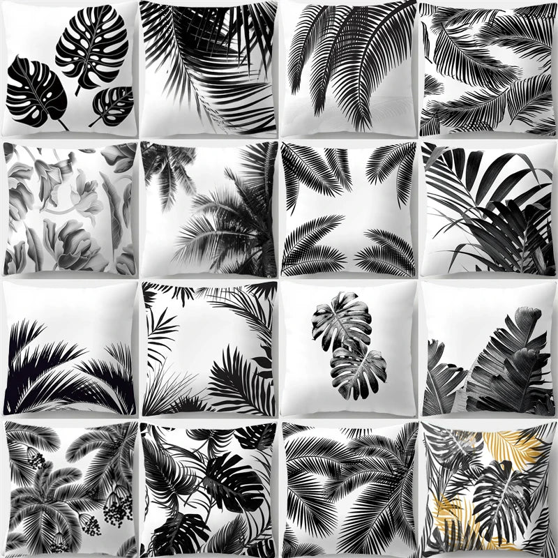 Black White Leaf Plant Pillow Cover Tropical  Throw  Cushion  Sofa Car Home Decor