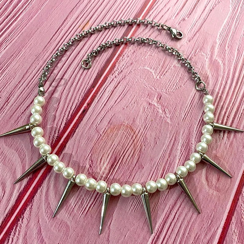 Egirl Pearl Spike Necklace DIY Design Korean Fashion Stud Pendant Necklace Women Cool Accessories Goth Punk Jewelry Choker-Dollar Bargains Online Shopping Australia