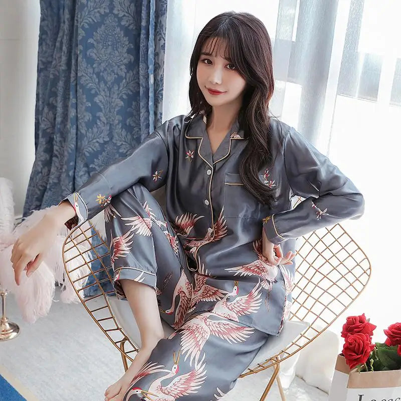 Women Pajamas Set Long Sleeve Tops Trousers Pyjamas 2 Pieces Satin Sleepwear Nightgown Home Clothes-Dollar Bargains Online Shopping Australia