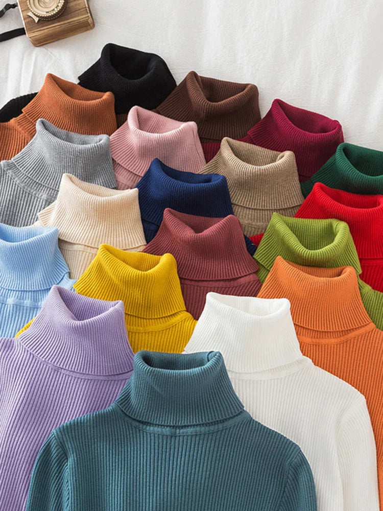 Korean Fashion Turtleneck Women Autumn Winter Pullover Sweater Basic Solid Casual Slim Stretch Ribbed Knitted Top Woman Sweaters-Dollar Bargains Online Shopping Australia