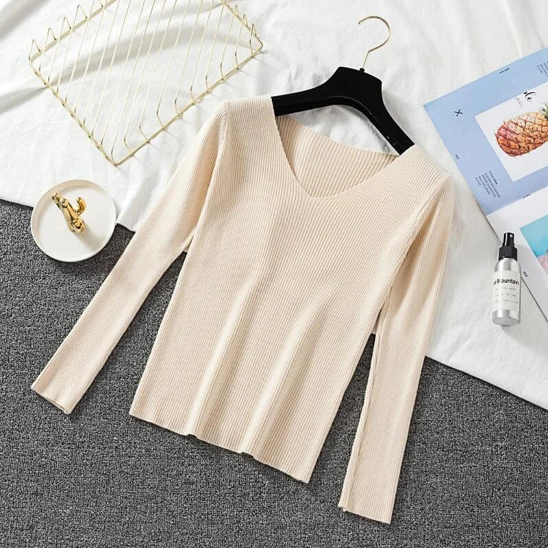 Women Sweater Long Sleeve Pullover Basic Top Fashion V-neck Elastic Female Winter Solid Knitted Jumper-Dollar Bargains Online Shopping Australia