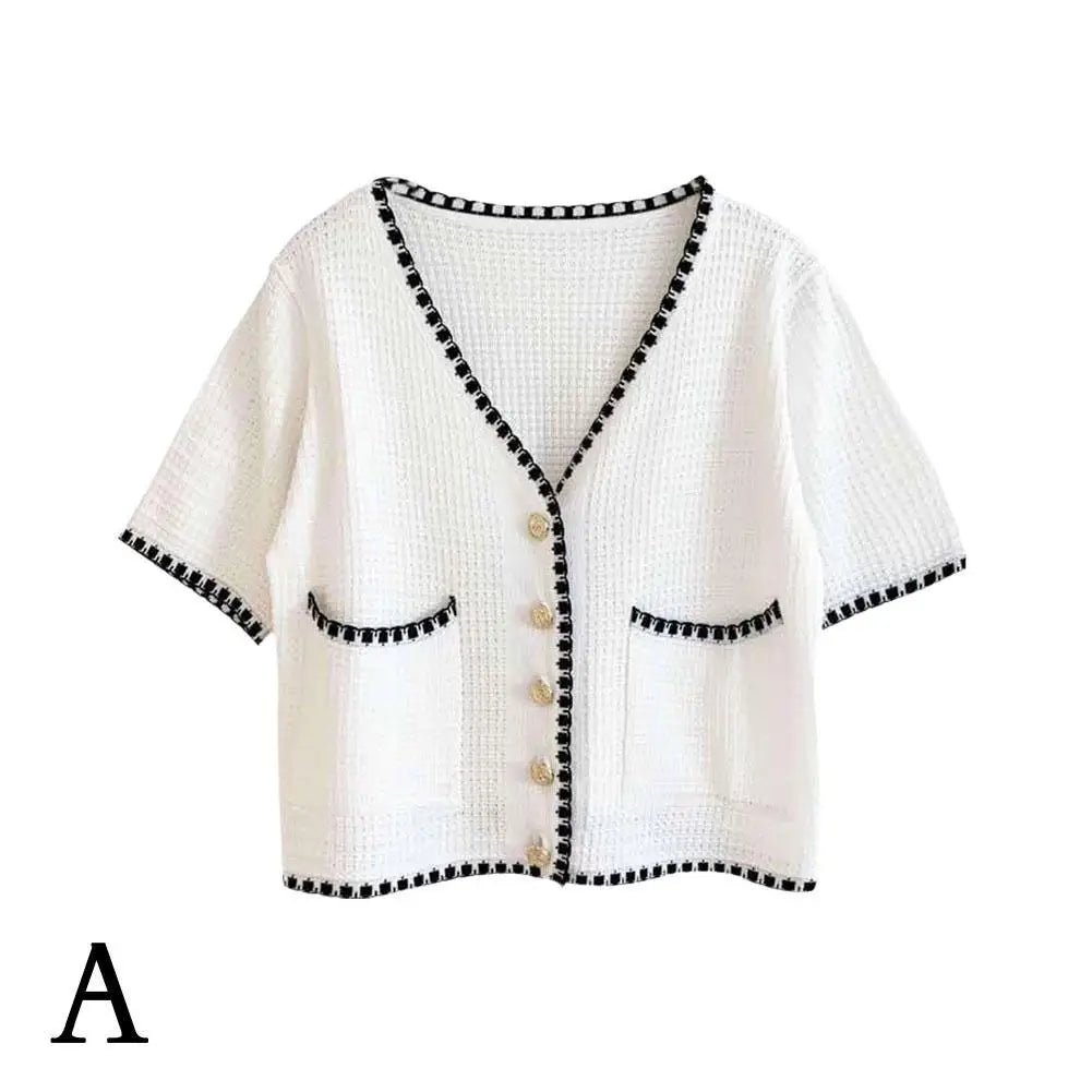 Women's V-neck T-Shirt Tops Small Fragrant Style Summer Short Sleeved Thin Knit Cardigan Elegant Slim-fit All-Match-Dollar Bargains Online Shopping Australia