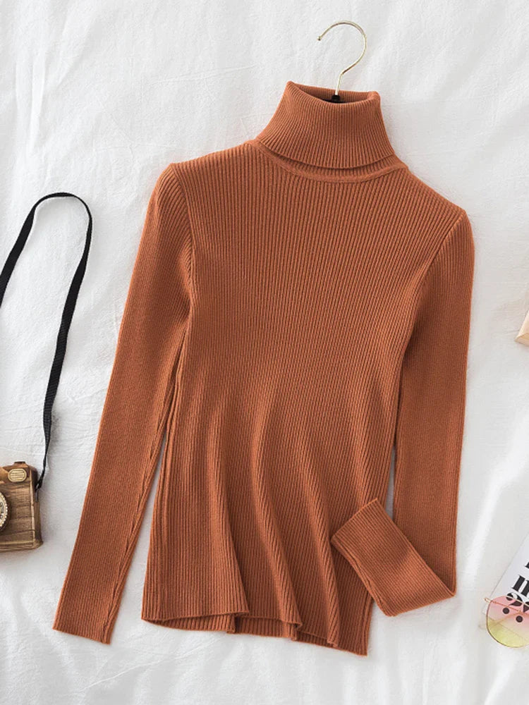 Korean Fashion Turtleneck Women Autumn Winter Pullover Sweater Basic Solid Casual Slim Stretch Ribbed Knitted Top Woman Sweaters-Dollar Bargains Online Shopping Australia