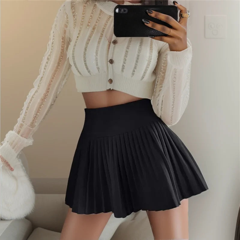 High Waist Womens Sexy Mini Skirts Side Zipper Vintage Pleated Skirt Korean Student White Tennis Skirts Short Black