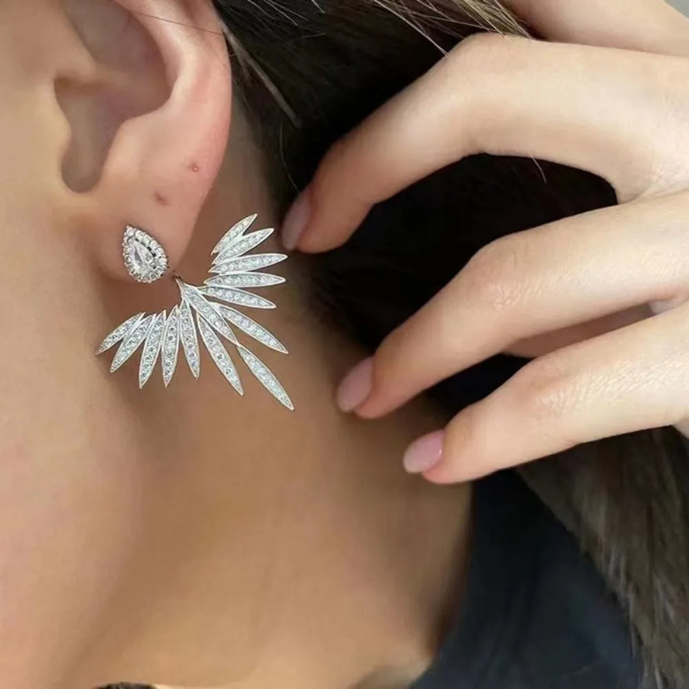 Fashion Luxury Feather Crystal Wing Symmetrical Stud Earrings Exquisite Silver Color Party Jewelry Accessories for Women-Dollar Bargains Online Shopping Australia
