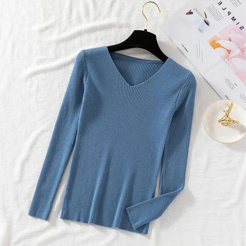 Women Sweater Long Sleeve Pullover Basic Top Fashion V-neck Elastic Female Winter Solid Knitted Jumper-Dollar Bargains Online Shopping Australia