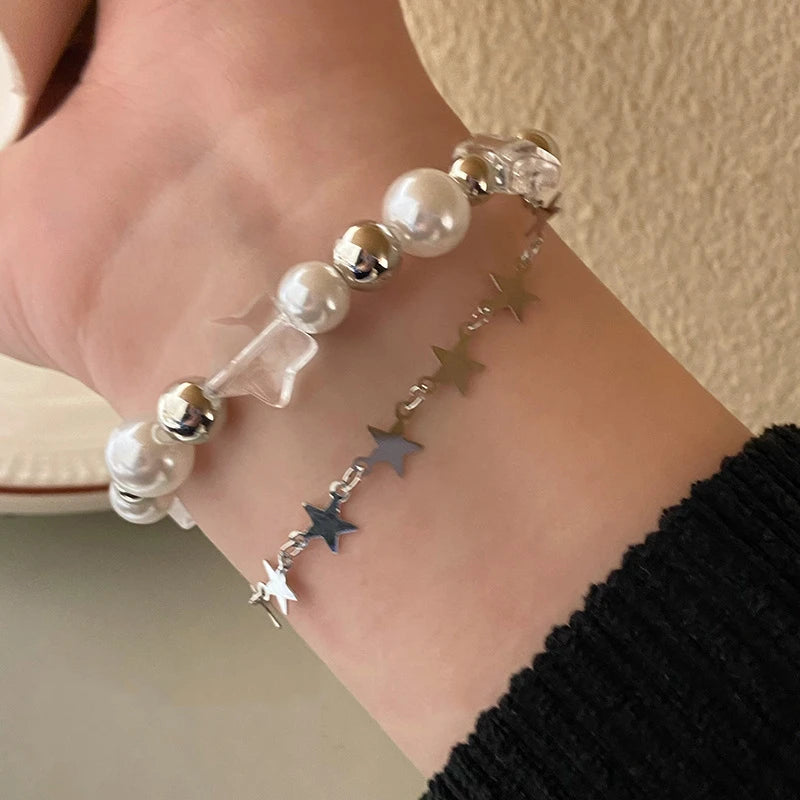 Crystal Star Pentagram Pearl Beaded Bracelet for Women Vintage Aesthetic Charm Double Layer Chain Bracelet Jewelry Gift