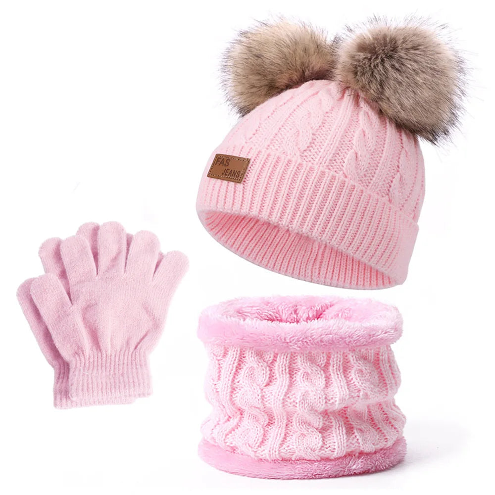 Warm Winter Baby Hats with Scarves for Kids Wool Pompom Baby Hat Children Bonnet Cap Boys Girls Knitted Scarf Gloves Beanie Caps-Dollar Bargains Online Shopping Australia