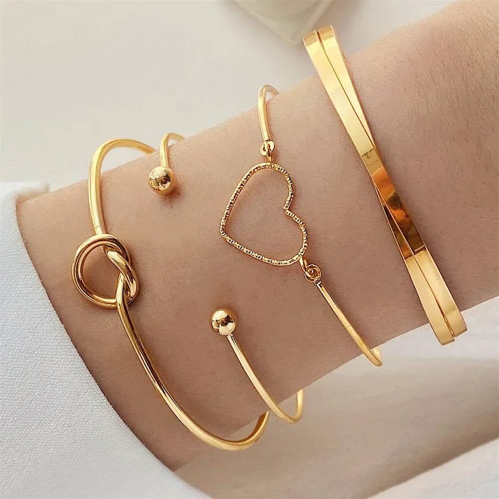 Geometric Engraved Flower Leaf Star Bracelet For Women Girl Fashion Metal Gold Color LOVE Letter Open Bracelet Bangle Gift