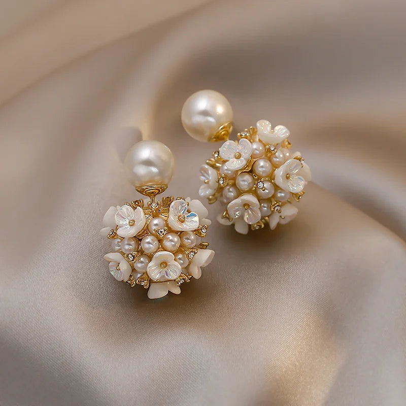 White Shell Flower Pearl Stud Earrings For Women Ball Double Side Elegant Earrings set Exquisite Vintage Fashion Jewelry-Dollar Bargains Online Shopping Australia