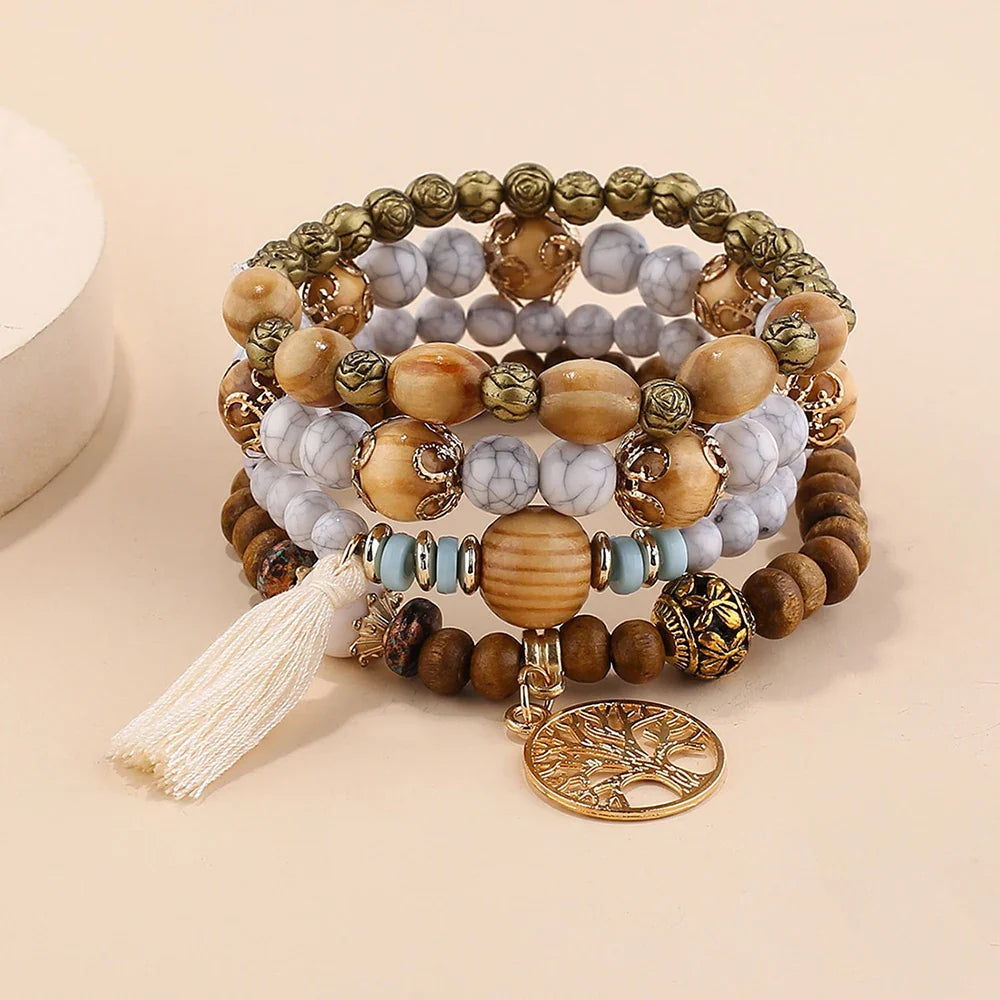 4Pcs/Set Boho Wooden Beaded Bracelet Set For Women Tree Of Life White Tassels Charm Elastic Chain Bangle Lady Bohemia Jewelry-Dollar Bargains Online Shopping Australia