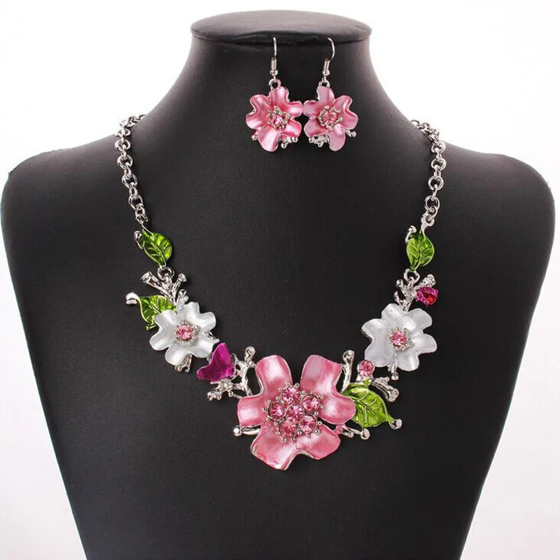 2Pcs/set Rhinestone Flower Necklace Earrings Set Luxury Morrocan Jewelry Set Accessories Valentine's Party Beach Jewelry Bijoux-Dollar Bargains Online Shopping Australia