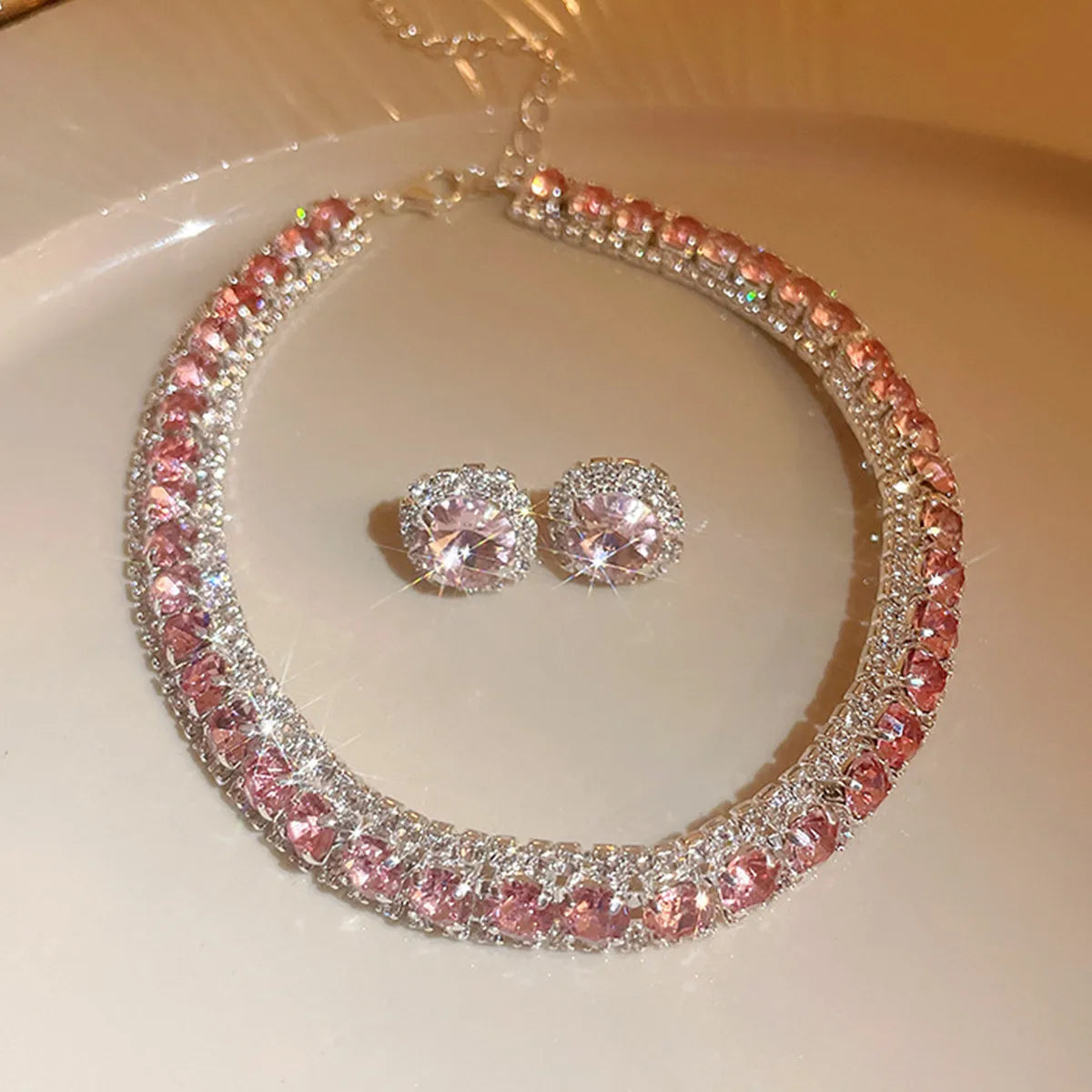 FYUAN Luxury Crystal Necklace Earrings Set Pink ABcolourful Necklace for Women Weddings Party Jewelry Sets Accessories-Dollar Bargains Online Shopping Australia