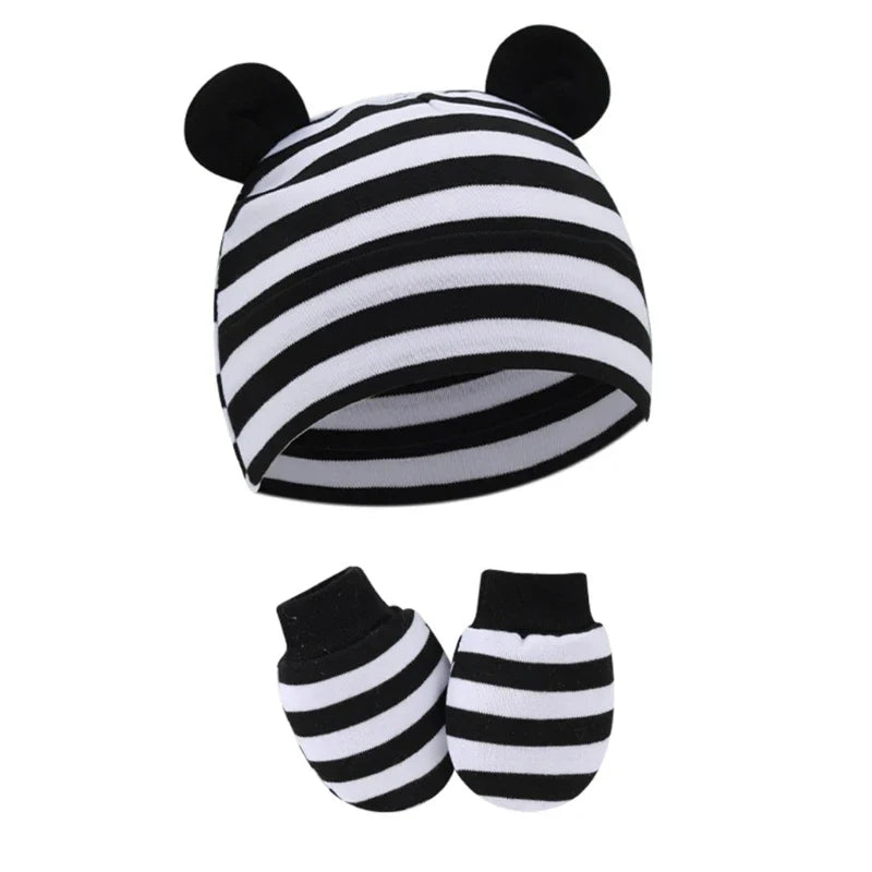 Newborn Cotton Hospital Hat Mittens Baby Beanie Solid Infant Baby Hats with Ear & No Scratch Mitten Soft Gloves Gift-Dollar Bargains Online Shopping Australia