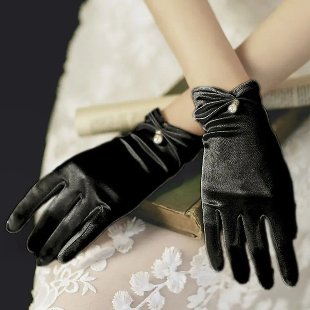 Women Wrist Length Gloves Sexy Elegant Pearl Bowknot Short Satin Stretch Gloves for Ladies Girls Hand Gloves Sunscreen