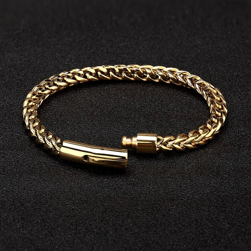 Men Punk Rock Bicycle Chain Bracelet 18k Gold Plated Stainless Steel Magnet Button Male Jewelry Gifts