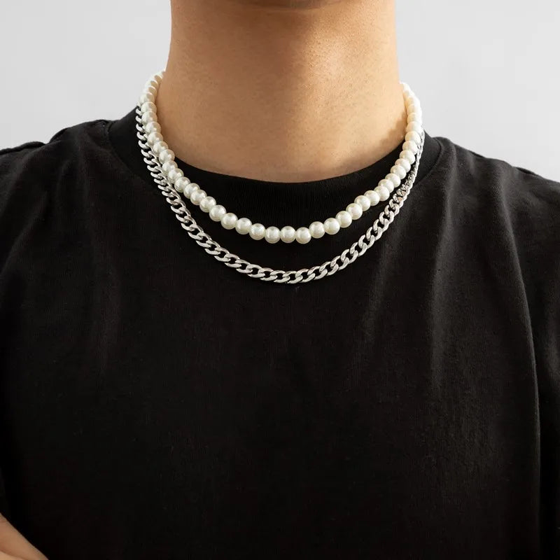 Trendy Punk Imitation Pearl Bead Chain Spikes/Cross Pendant Necklace Men Hiphop Layered  Choker Set Fashion Jewelry