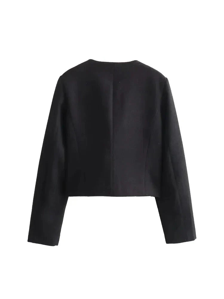 Flap Pocket Crop Jacket Women Vintage O Neck Long Sleeve Versatile Female Blazer-Dollar Bargains Online Shopping Australia